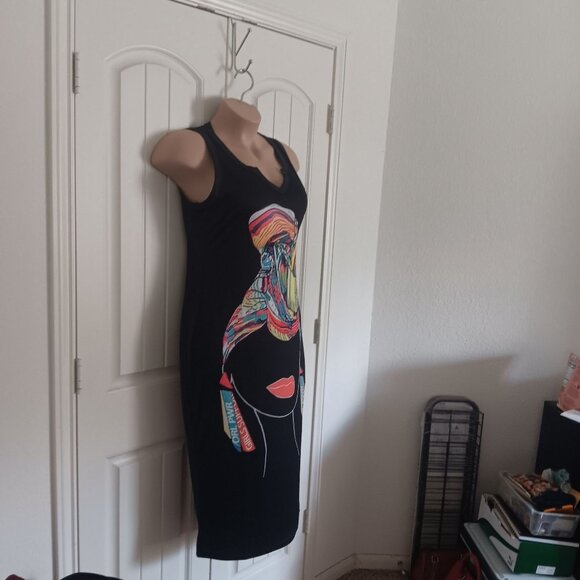 Black Tank Dress With Colorful Graphic Print Sleeveless V-Neck Size XXL - Picture 4 of 7